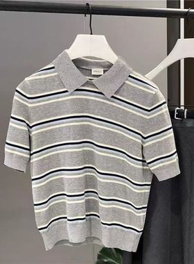 4折欧家专柜2025夏新轻薄纯棉条纹短袖针织衫女潮1SY203348F现货