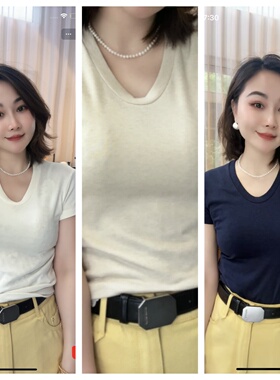 【何仙儿专享】时尚百搭显瘦短袖T恤女小U领纯色上衣