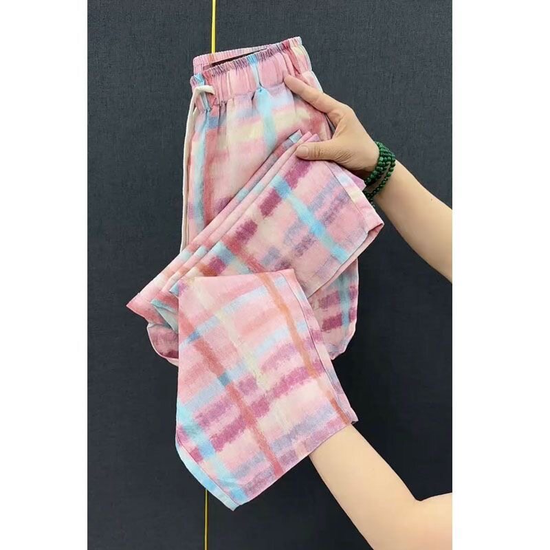 夏季薄款高腰显瘦格子八分女裤