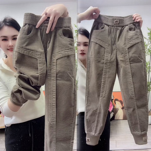 韩版灯芯绒哈伦裤女2065春秋时尚宽松显瘦卫裤白色加厚束脚休闲裤