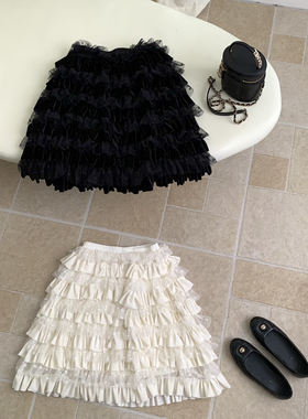 可可女派蛋糕裙质感超绝～重工丝绒品网纱时髦单品半身裙G5832KK