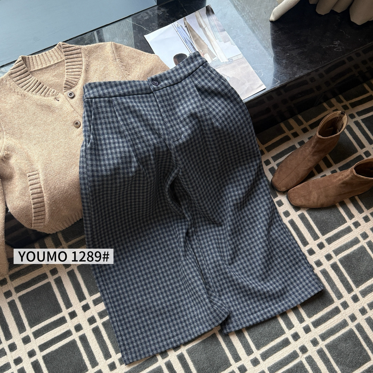 Cecil韩版加厚格子呢料休闲阔腿裤轻奢高级感休闲裤1289