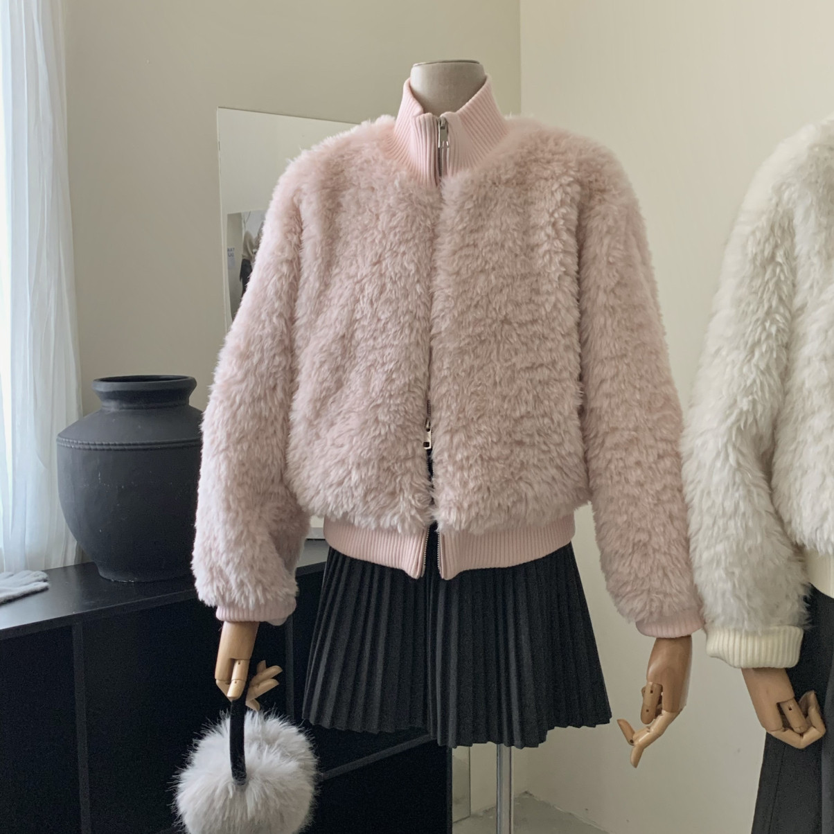 Cecil绒绒奶芙羊羔毛拼接针织罗纹宽松短外套5123-5