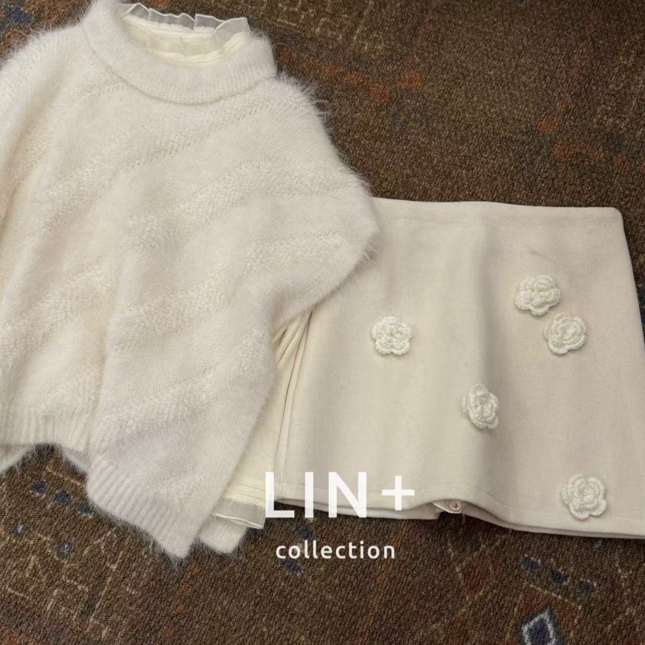 Cecil朵喃语冬上新～立体钩花加厚氛围感A版气质小香半身裙MY09