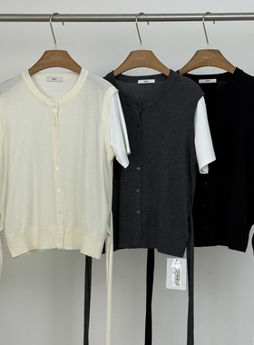 世新6年早春圆领设计感拼接假两件短袖针织上衣针织开衫25860春