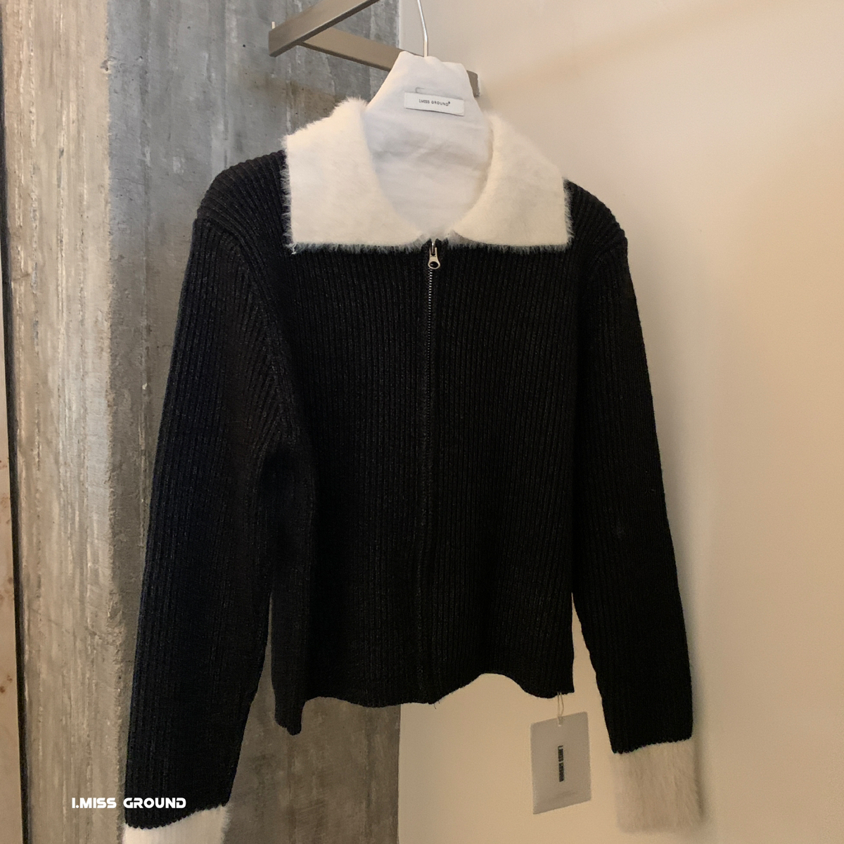 Cecil冬上新高品质貂绒毛领撞色拉链开衫保暖毛衣H991335