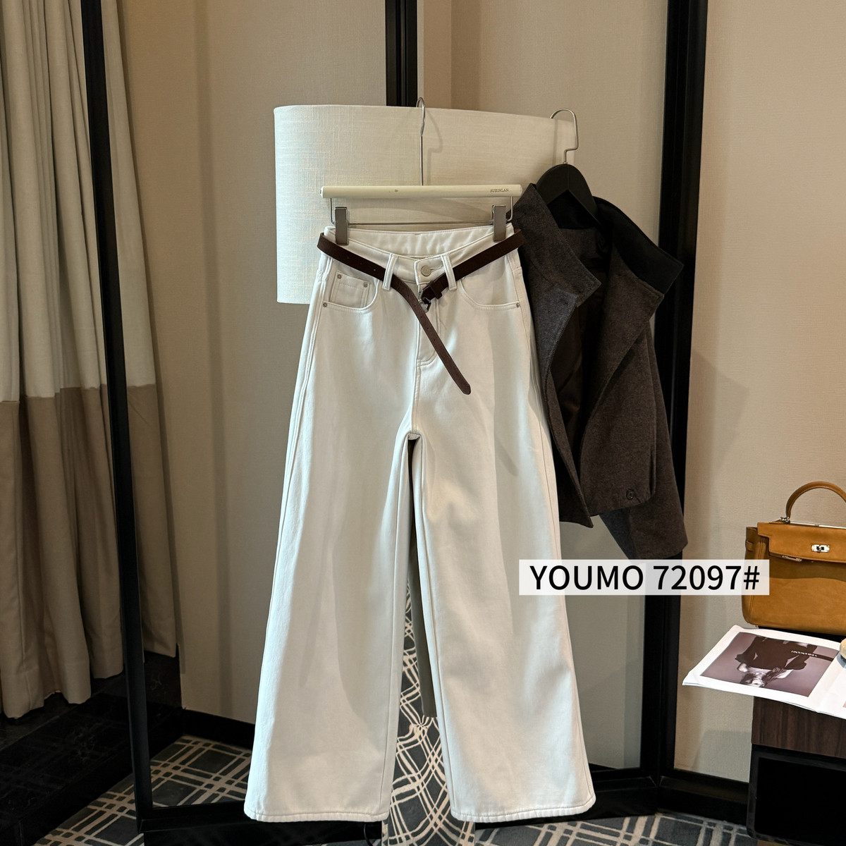 Cecil简风复合绒阔腿百搭白色温柔风牛仔裤(配腰带)72097