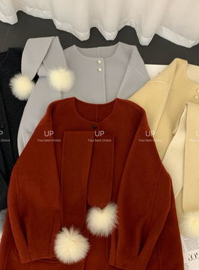 Cecil全毛韩系简约甜美配真毛球围巾羊毛外套3965