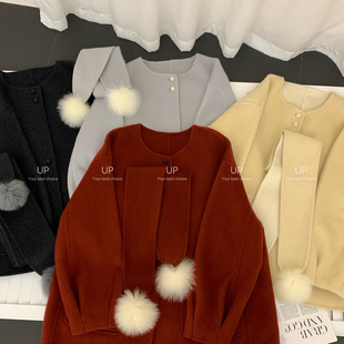 Cecil全毛韩系简约甜美配真毛球围巾羊毛外套3965