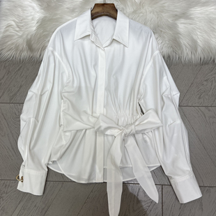 可可-弛感衬衫重工灯笼袖金属扣设计扭结系带时尚衬衫A9634