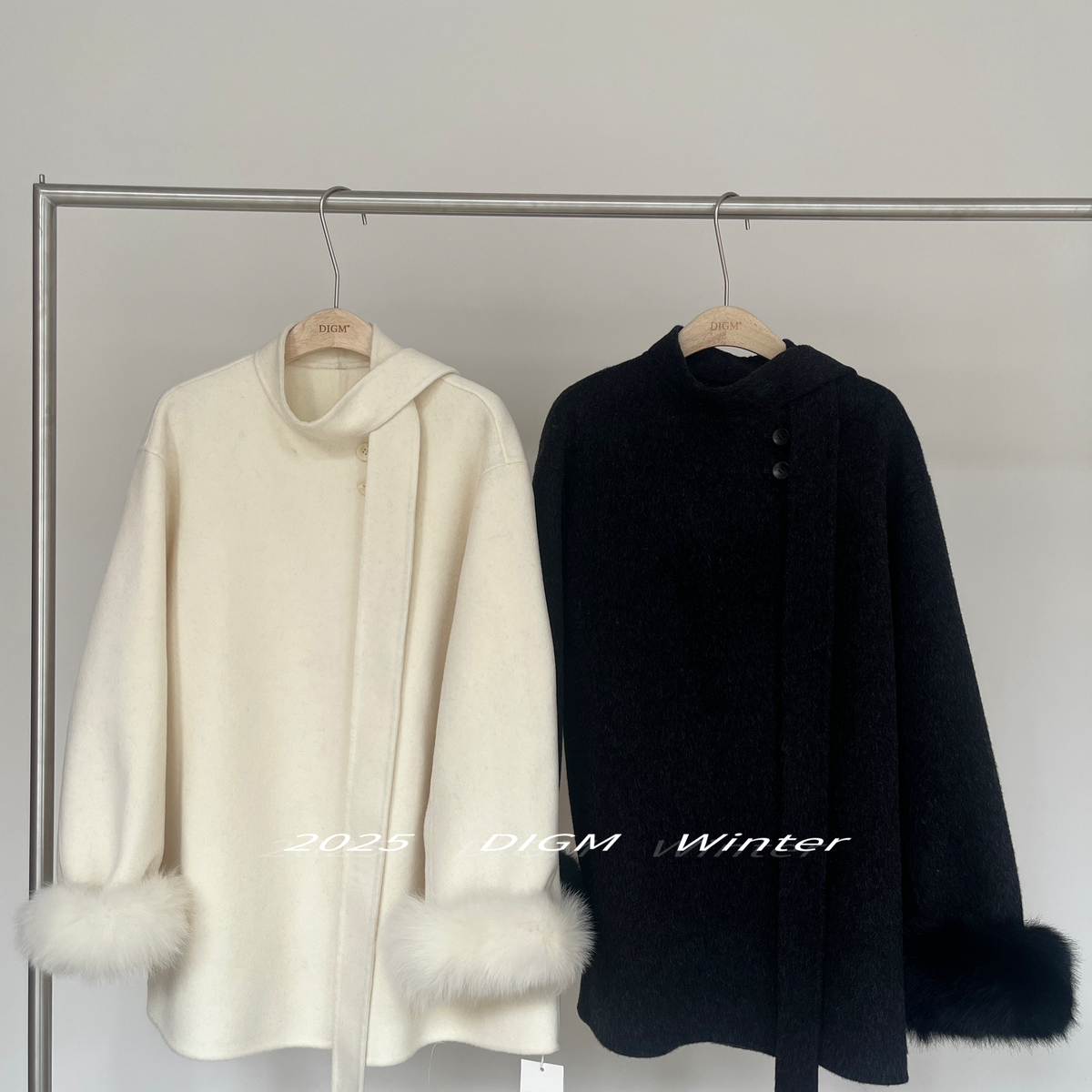 Cecil蝶结真狐狸毛袖口手工双面呢大衣羊毛外套含100羊毛A310