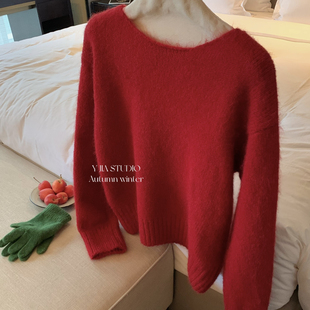 Cecil反两穿圣诞纯欲v领系带宽松露背套头保暖毛衣1331