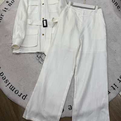 可可-纯亚麻套装三色炸街款衬衫+休闲裤套装(配腰带)A9685