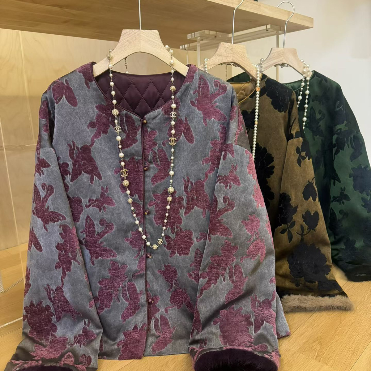 Cecil中式棉衣圆领水貂毛绒夹棉外套年轻国风加棉上衣短外套TD-90