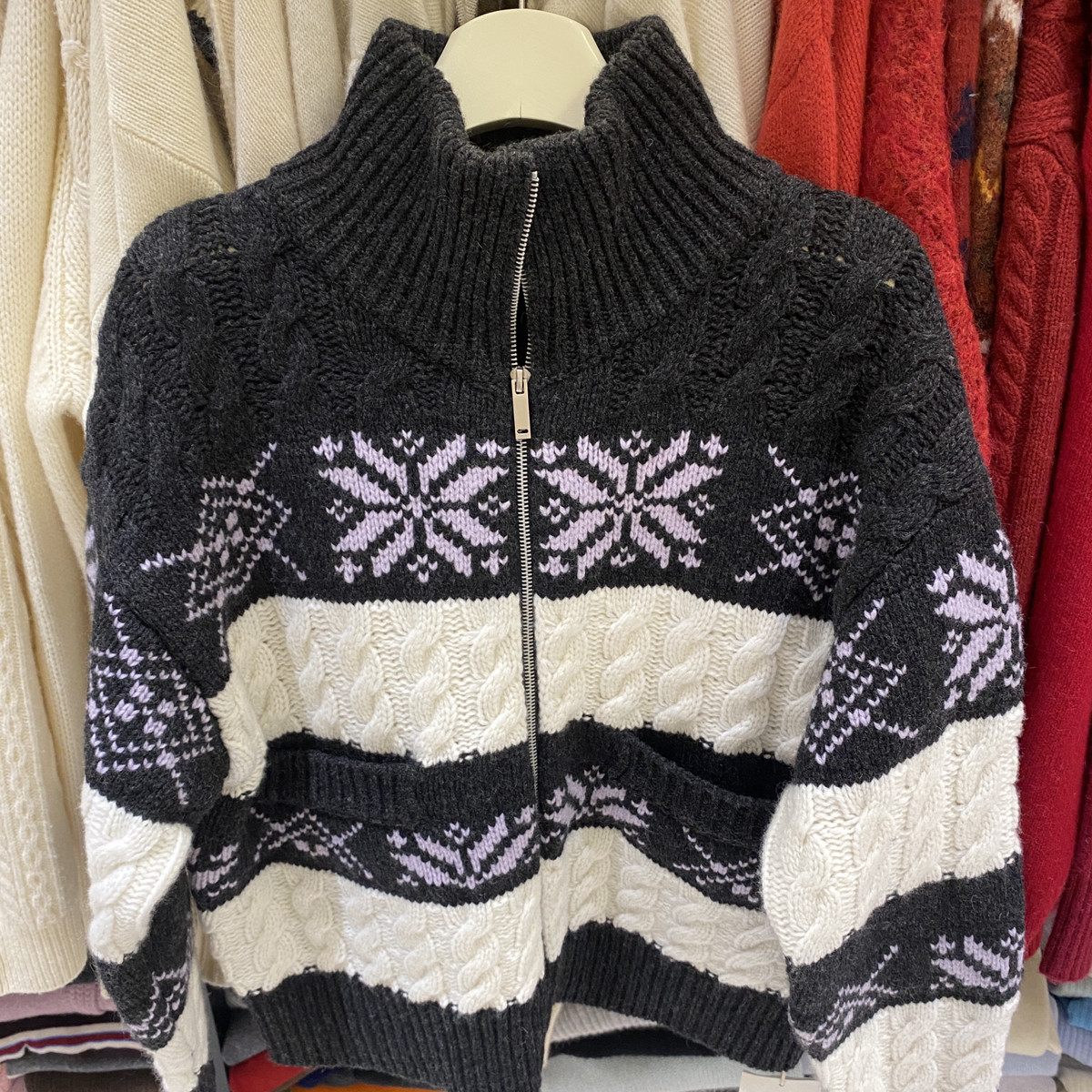 Cecil复古撞色提花加厚开衫外套保暖毛衣（含100绵羊毛）n98