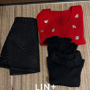 ZO9 含100绵羊毛 Cecil小香甜美钉珠加厚显瘦打底衫 背心套装