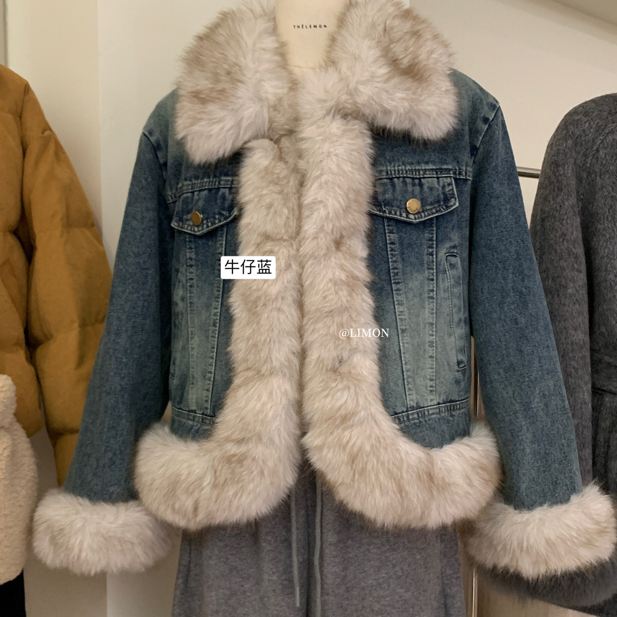 Cecil洛可甜心｜爆款牛仔拼接环保毛短外套TM-1229