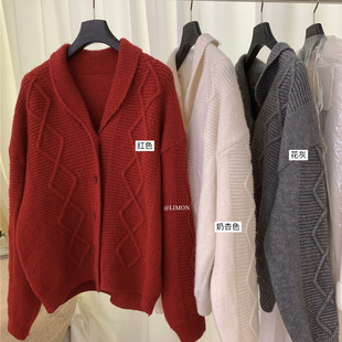 Cecil极光叙事诗｜韩系翻领菱格绞花纹开衫 6906 保暖毛衣00