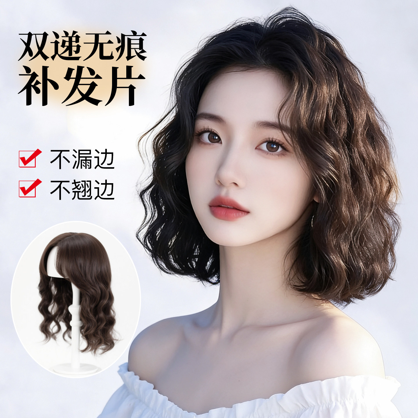 双递真发蓬松遮白头顶羊毛卷发片