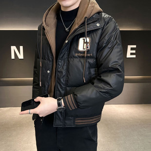 鸭绒羽绒服男连帽假两件冬季2025新款潮牌修身短款加厚冬装男外套