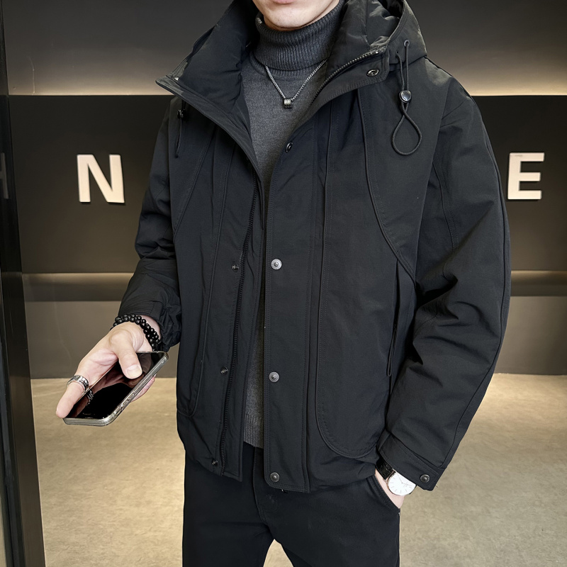 2025新款工装羽绒服男冬季外套潮流短款保暖连帽羽绒冲锋衣夹克男
