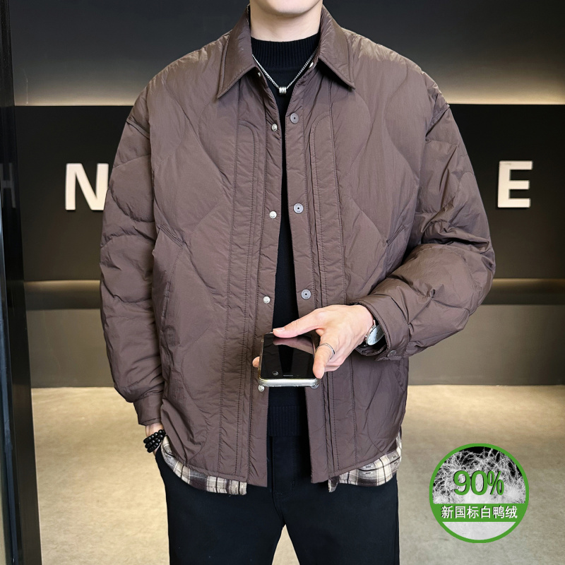 轻薄羽绒服男士格子假两件秋冬季90白鸭绒翻领衬衫保暖外套男冬装