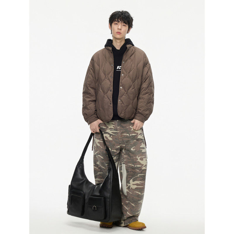 2025秋冬轻薄羽绒服男宽松立领菱形格子保暖外套90白鸭绒休闲上衣