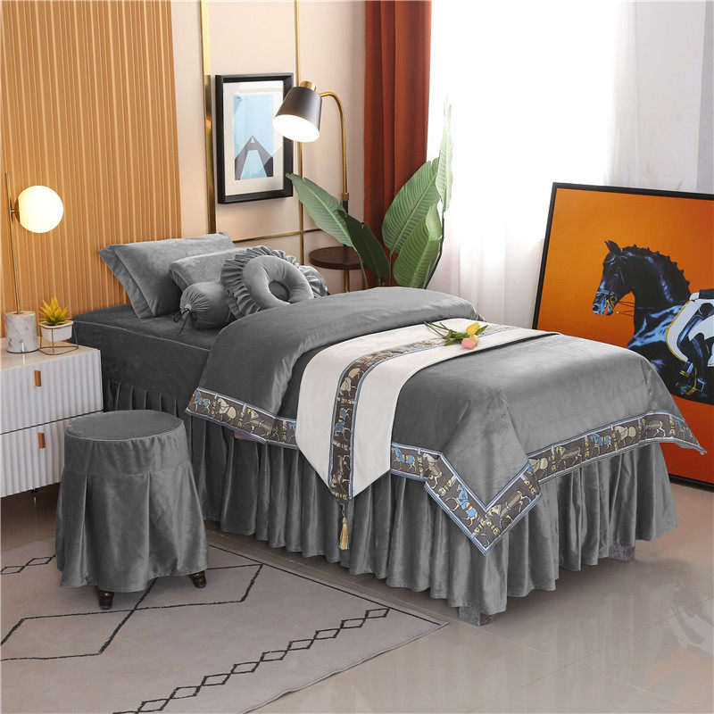 诗娜朵新款美容床罩四件套简约欧式美容院床裙绣logo洗头床纯色