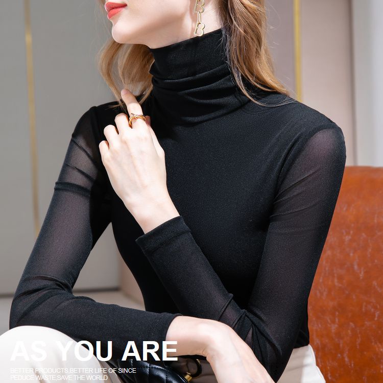 韩版简约高领网纱打底衫女纯色内搭长袖t恤弹力上衣