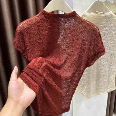 安哥拉红微透插肩短袖T恤女夏季气质性感半高领遮肉轻薄内搭上衣