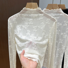 加绒蕾丝打底衫女2024新款秋冬洋气内搭高领加厚银狐绒木耳边上衣