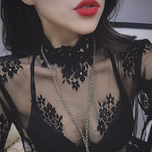 搭配毛衣网纱花边领镂空打底衫 冬季 气质中高领透明蕾丝衫 女装 新款