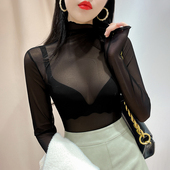 女冰丝网纱薄款 春夏季 上衣蕾丝打底衫 洋气雪纺衫 防晒内搭T恤长袖