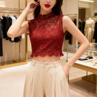 秋冬半高领无袖 柔软蕾丝假领子女毛衣内搭 背心叠穿薄木耳边打底衫