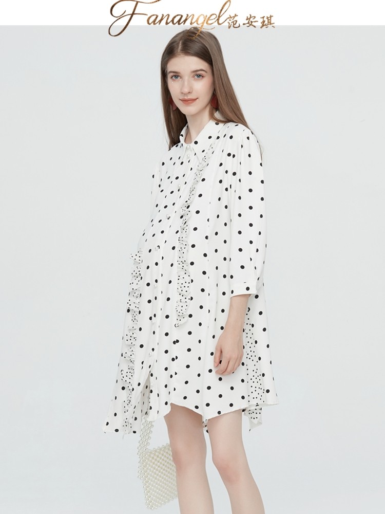 Pregnant women work clothes dress fashion 2021 autumn Pregnant women early autumn Polka dot shirt dress medium and long version