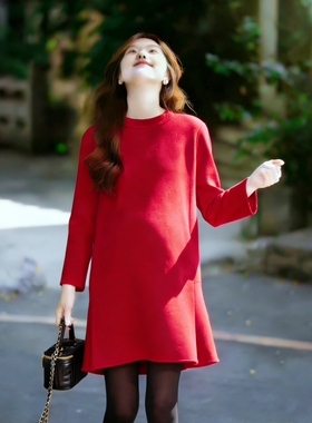 大码孕妇冬季内搭毛呢连衣裙中长款宽松孕妇打底红色连衣裙冬加厚