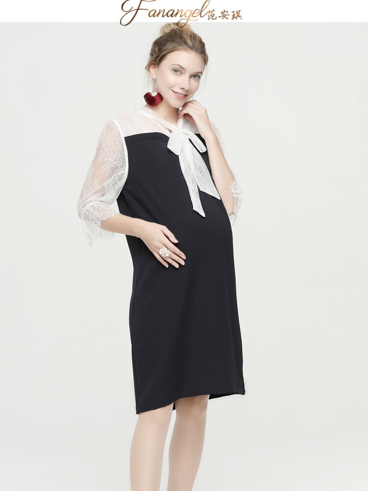 Pregnant women work clothes summer dress medium and long version fashion Pregnant women contrast color lace dress summer 2021
