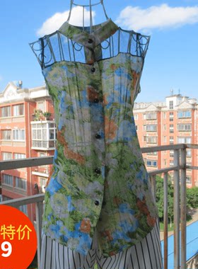 沙滩清凉性感透视立领无袖雪纺衫