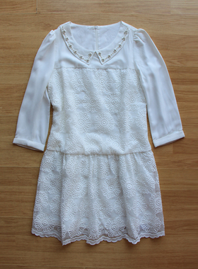 三C 春夏新品珍珠娃娃领七分袖蕾丝绣花修身连衣裙D141005L10