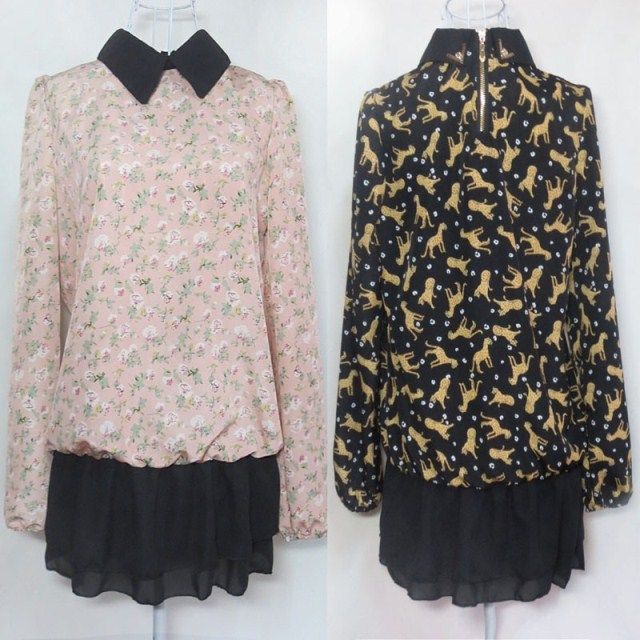 春秋新款女装翻领长袖印花拼接荷叶边衬衫中长款连衣裙雪纺打底裙