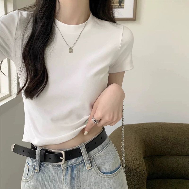纯棉t恤女夏季短款短袖高腰辣妹修身显瘦纯色正肩短袖上衣打底衫