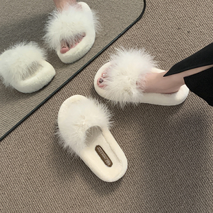 日本正版厚底黑色毛毛拖鞋女外穿秋冬百搭时尚可爱毛绒一字棉拖鞋