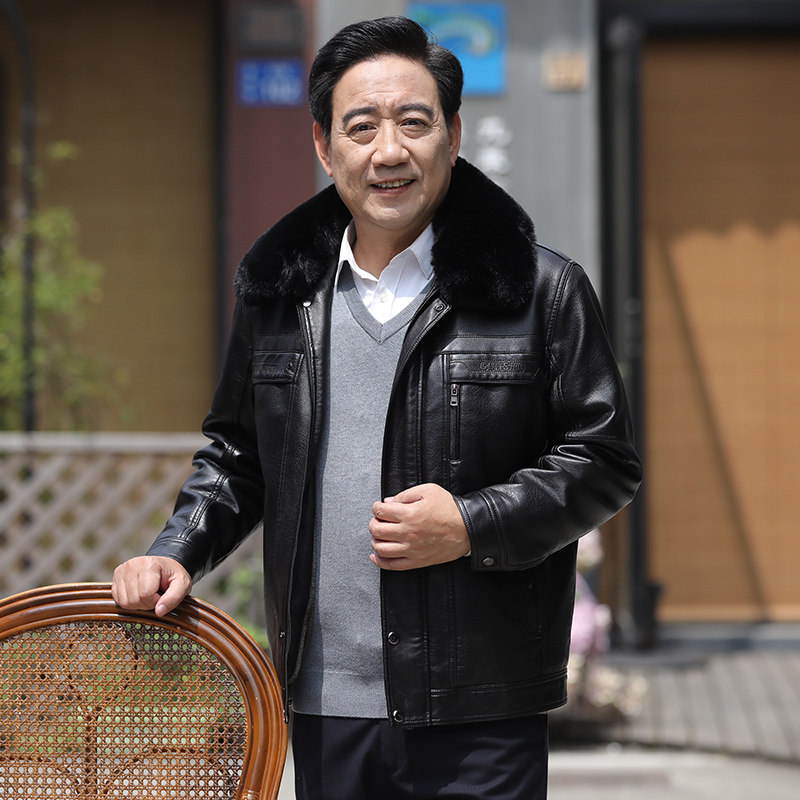 中年新款皮衣翻领大毛领老爸保暖加绒皮衣外套1088p150,男装皮衣,星座1203