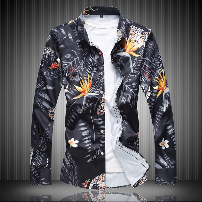 春秋款大码男士印花弹力长袖花衬衫C622p50黑底图，男装衬衫，星座1203