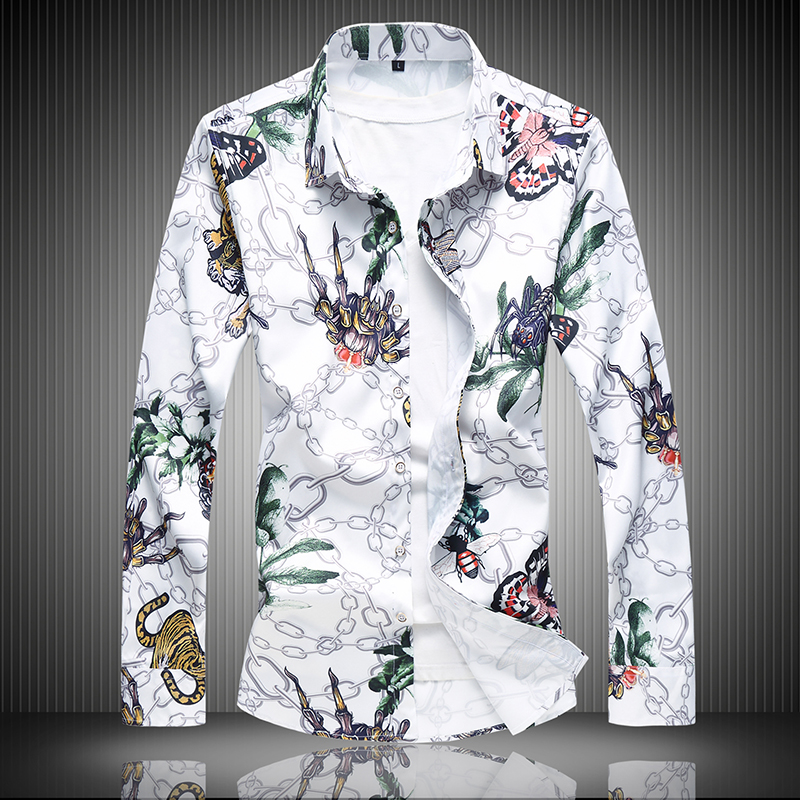 春款大码花衬衫韩版弹力印花男式长袖衬衫九个码C617p50，男装衬衫，星座1203