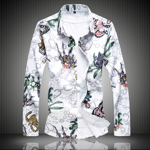 春款大码花衬衫韩版弹力印花 男式长袖衬衫 九个码C617p50，男装衬衫，星座1203