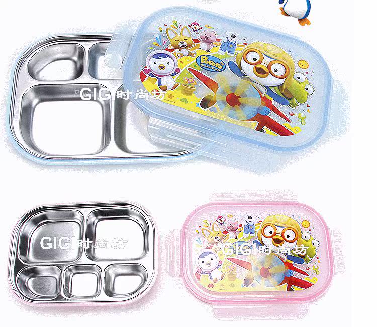 韩国进口正品小企鹅pororo儿童不锈钢便当盒双层防烫设计饭盒现货