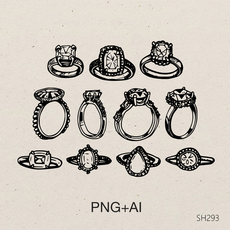 手绘复古结婚戒指插图钻石订婚图标涂鸦婚礼邀请函请柬手绘素材图