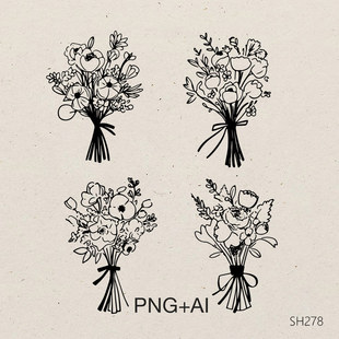 手绘婚礼邀请函花朵花束图标婚礼派对手绘请柬海报素材图设计模板