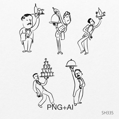 手绘服务员插图婚礼邀请函图标轮廓素描请柬海报素材插图设计模板